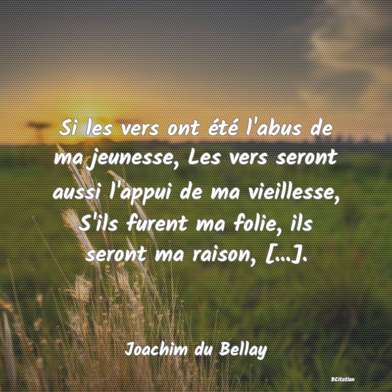 image de citation: Si les vers ont été l'abus de ma jeunesse, Les vers seront aussi l'appui de ma vieillesse, S'ils furent ma folie, ils seront ma raison, [...].