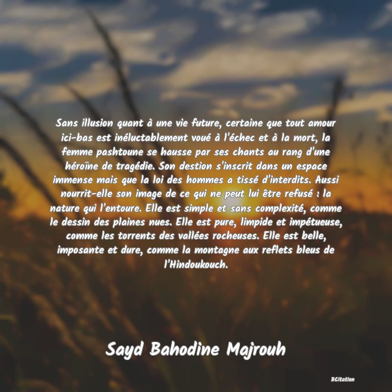 image de citation: Sans illusion quant à une vie future, certaine que tout amour ici-bas est inéluctablement voué à l'échec et à la mort, la femme pashtoune se hausse par ses chants au rang d'une héroïne de tragédie. Son destion s'inscrit dans un espace immense mais que la loi des hommes a tissé d'interdits. Aussi nourrit-elle son image de ce qui ne peut lui être refusé : la nature qui l'entoure. Elle est simple et sans complexité, comme le dessin des plaines nues. Elle est pure, limpide et impétueuse, comme les torrents des vallées rocheuses. Elle est belle, imposante et dure, comme la montagne aux reflets bleus de l'Hindoukouch.