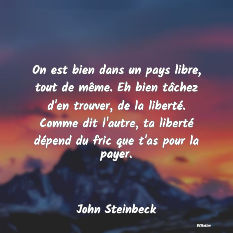 image de citation: On est bien dans un pays libre, tout de même. Eh bien tâchez d'en trouver, de la liberté. Comme dit l'autre, ta liberté dépend du fric que t'as pour la payer.