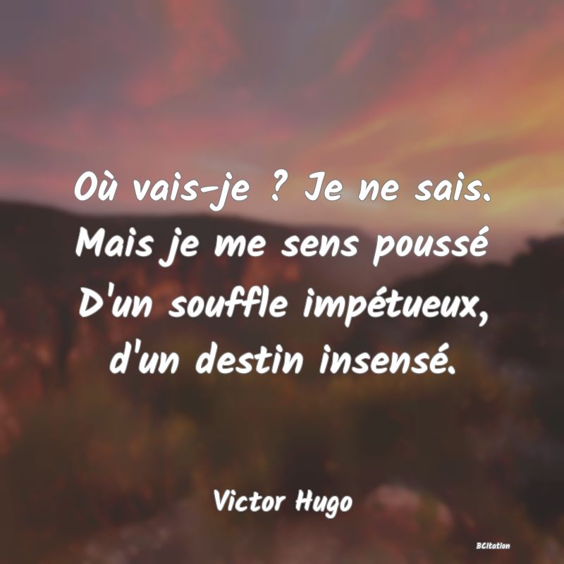 image de citation: Où vais-je ? Je ne sais. Mais je me sens poussé D'un souffle impétueux, d'un destin insensé.