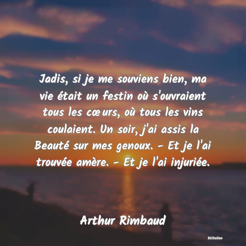 Belle Citation - Jadis, si je me souviens bien, ma vie était un festin où s'ouvraient tous les cœurs, où tous les vins coulaient. Un soir, j'ai assis la Beauté sur mes genoux. - Et je l'ai trouvée amère. - Et je l'ai injuriée. - Arthur Rimbaud