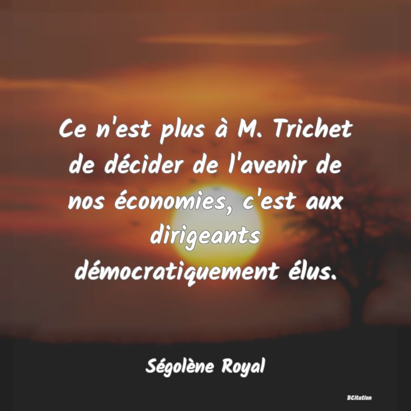 image de citation: Ce n'est plus à M. Trichet de décider de l'avenir de nos économies, c'est aux dirigeants démocratiquement élus.
