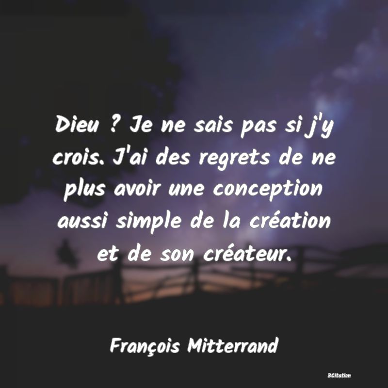 image de citation: Dieu ? Je ne sais pas si j'y crois. J'ai des regrets de ne plus avoir une conception aussi simple de la création et de son créateur.