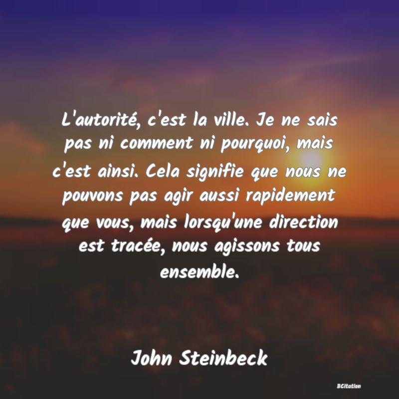 image de citation: L'autorité, c'est la ville. Je ne sais pas ni comment ni pourquoi, mais c'est ainsi. Cela signifie que nous ne pouvons pas agir aussi rapidement que vous, mais lorsqu'une direction est tracée, nous agissons tous ensemble.