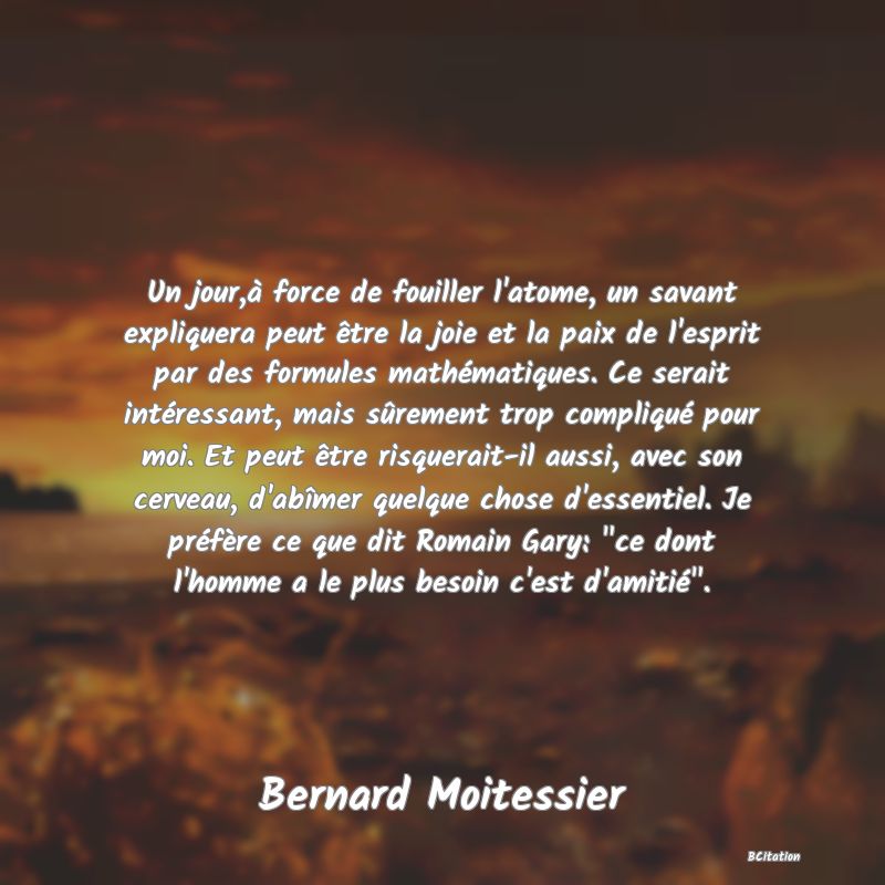 image de citation: Un jour,à force de fouiller l'atome, un savant expliquera peut être la joie et la paix de l'esprit par des formules mathématiques. Ce serait intéressant, mais sûrement trop compliqué pour moi. Et peut être risquerait-il aussi, avec son cerveau, d'abîmer quelque chose d'essentiel. Je préfère ce que dit Romain Gary:  ce dont l'homme a le plus besoin c'est d'amitié .