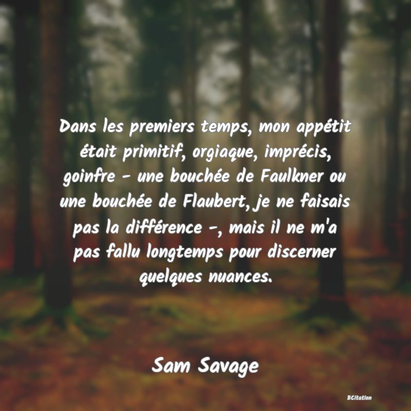 image de citation: Dans les premiers temps, mon appétit était primitif, orgiaque, imprécis, goinfre - une bouchée de Faulkner ou une bouchée de Flaubert, je ne faisais pas la différence -, mais il ne m'a pas fallu longtemps pour discerner quelques nuances.