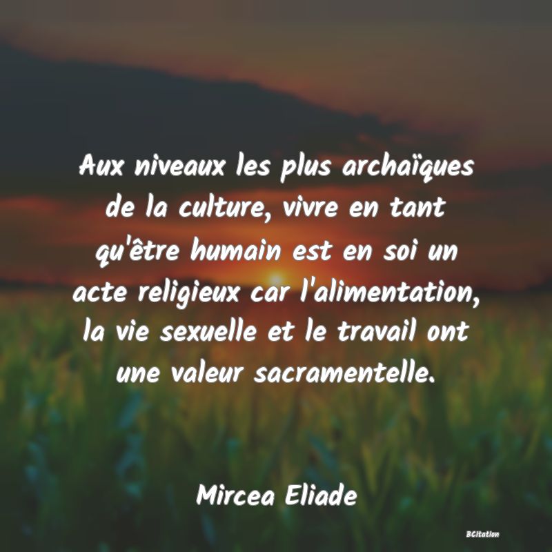 image de citation: Aux niveaux les plus archaïques de la culture, vivre en tant qu'être humain est en soi un acte religieux car l'alimentation, la vie sexuelle et le travail ont une valeur sacramentelle.