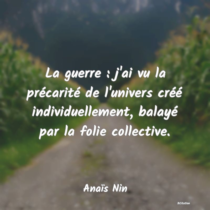 Belle Citation - La guerre : j'ai vu la précarité de l'univers créé individuellement, balayé par la folie collective. - Anaïs Nin