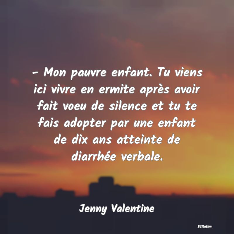 image de citation: - Mon pauvre enfant. Tu viens ici vivre en ermite après avoir fait voeu de silence et tu te fais adopter par une enfant de dix ans atteinte de diarrhée verbale.