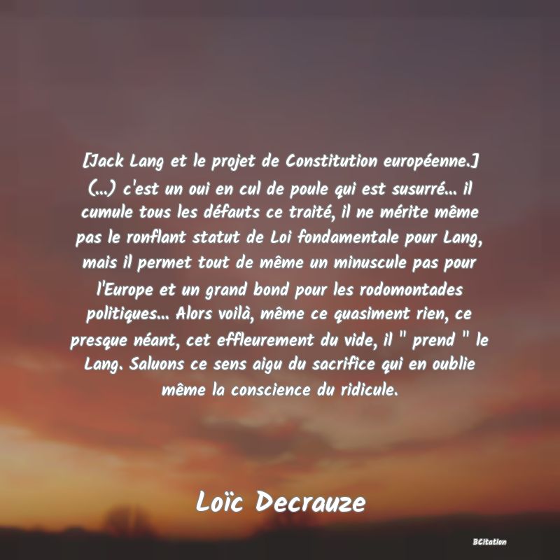 Belle Citation - [Jack Lang et le projet de Constitution européenne.] (...) c'est un oui en cul de poule qui est susurré... il cumule tous les défauts ce traité, il ne mérite même pas le ronflant statut de Loi fondamentale pour Lang, mais il permet tout de même un minuscule pas pour l'Europe et un grand bond pour les rodomontades politiques... Alors voilà, même ce quasiment rien, ce presque néant, cet effleurement du vide, il 