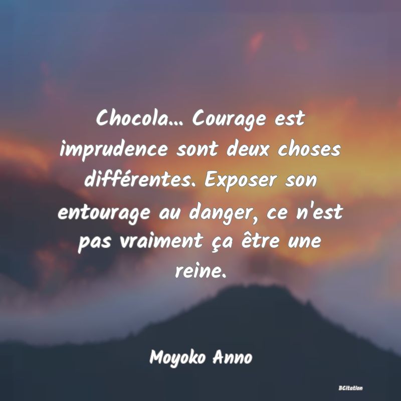 image de citation: Chocola... Courage est imprudence sont deux choses différentes. Exposer son entourage au danger, ce n'est pas vraiment ça être une reine.