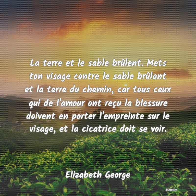 image de citation: La terre et le sable brûlent. Mets ton visage contre le sable brûlant et la terre du chemin, car tous ceux qui de l'amour ont reçu la blessure doivent en porter l'empreinte sur le visage, et la cicatrice doit se voir.