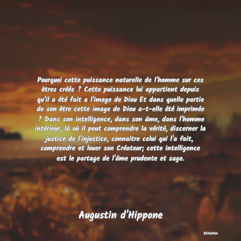 image de citation: Pourquoi cette puissance naturelle de l'homme sur ces êtres créés ? Cette puissance lui appartient depuis qu'il a été fait a l'image de Dieu Et dans quelle partie de son être cette image de Dieu a-t-elle été imprimée ? Dans son intelligence, dans son âme, dans l'homme intérieur, là où il peut comprendre la vérité, discerner la justice de l'injustice, connaitre celui qui l'a fait, comprendre et louer son Créateur; cette intelligence est le partage de l'âme prudente et sage.