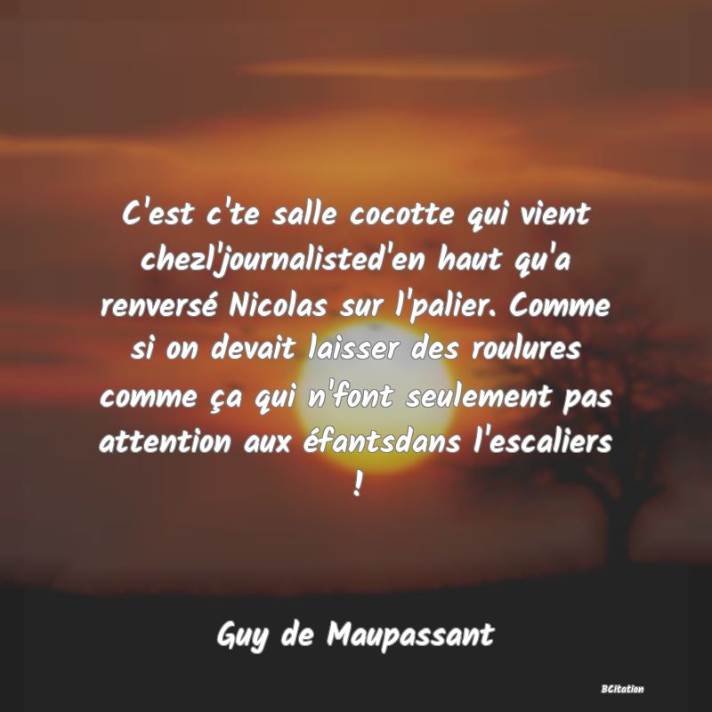 image de citation: C'est c'te salle cocotte qui vient chezl'journalisted'en haut qu'a renversé Nicolas sur l'palier. Comme si on devait laisser des roulures comme ça qui n'font seulement pas attention aux éfantsdans l'escaliers !