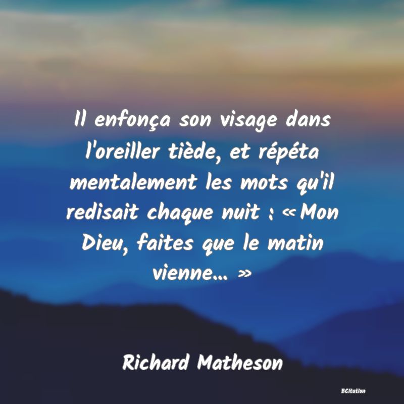 image de citation: Il enfonça son visage dans l'oreiller tiède, et répéta mentalement les mots qu'il redisait chaque nuit : « Mon Dieu, faites que le matin vienne... »