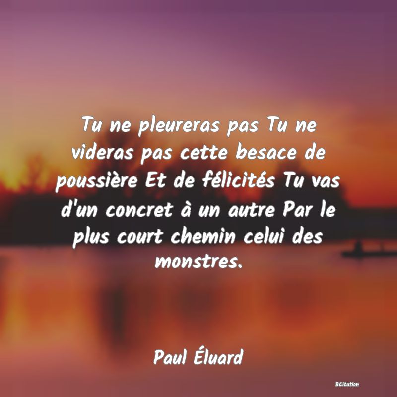 Belle Citation - Tu ne pleureras pas Tu ne videras pas cette besace de poussière Et de félicités Tu vas d'un concret à un autre Par le plus court chemin celui des monstres. - Paul Éluard