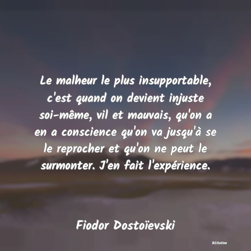 image de citation: Le malheur le plus insupportable, c'est quand on devient injuste soi-même, vil et mauvais, qu'on a en a conscience qu'on va jusqu'à se le reprocher et qu'on ne peut le surmonter. J'en fait l'expérience.