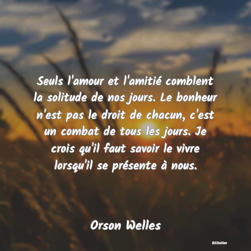 image de citation: Seuls l'amour et l'amitié comblent la solitude de nos jours. Le bonheur n'est pas le droit de chacun, c'est un combat de tous les jours. Je crois qu'il faut savoir le vivre lorsqu'il se présente à nous.