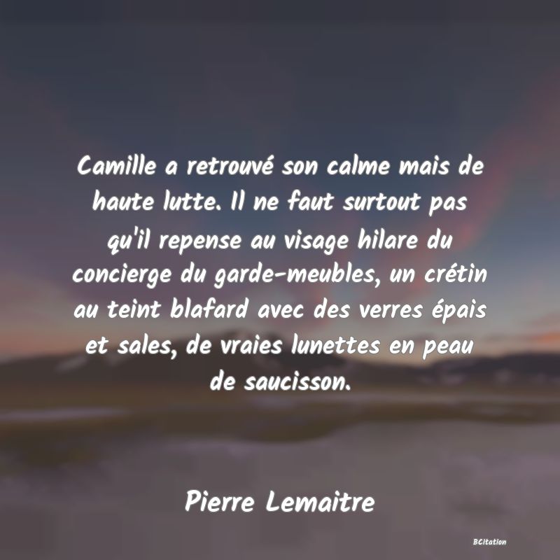 image de citation: Camille a retrouvé son calme mais de haute lutte. Il ne faut surtout pas qu'il repense au visage hilare du concierge du garde-meubles, un crétin au teint blafard avec des verres épais et sales, de vraies lunettes en peau de saucisson.