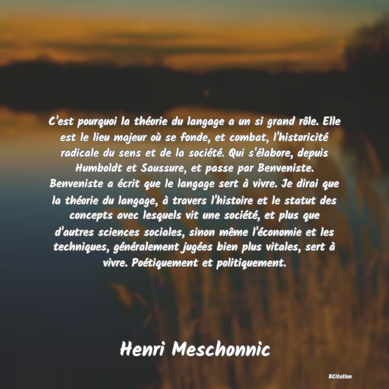 image de citation: C'est pourquoi la théorie du langage a un si grand rôle. Elle est le lieu majeur où se fonde, et combat, l'historicité radicale du sens et de la société. Qui s'élabore, depuis Humboldt et Saussure, et passe par Benveniste. Benveniste a écrit que le langage sert à vivre. Je dirai que la théorie du langage, à travers l'histoire et le statut des concepts avec lesquels vit une société, et plus que d'autres sciences sociales, sinon même l'économie et les techniques, généralement jugées bien plus vitales, sert à vivre. Poétiquement et politiquement.