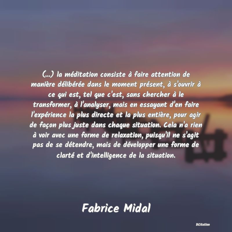 image de citation: (...) la méditation consiste à faire attention de manière délibérée dans le moment présent, à s'ouvrir à ce qui est, tel que c'est, sans chercher à le transformer, à l'analyser, mais en essayant d'en faire l'expérience la plus directe et la plus entière, pour agir de façon plus juste dans chaque situation. Cela n'a rien à voir avec une forme de relaxation, puisqu'il ne s'agit pas de se détendre, mais de développer une forme de clarté et d'intelligence de la situation.