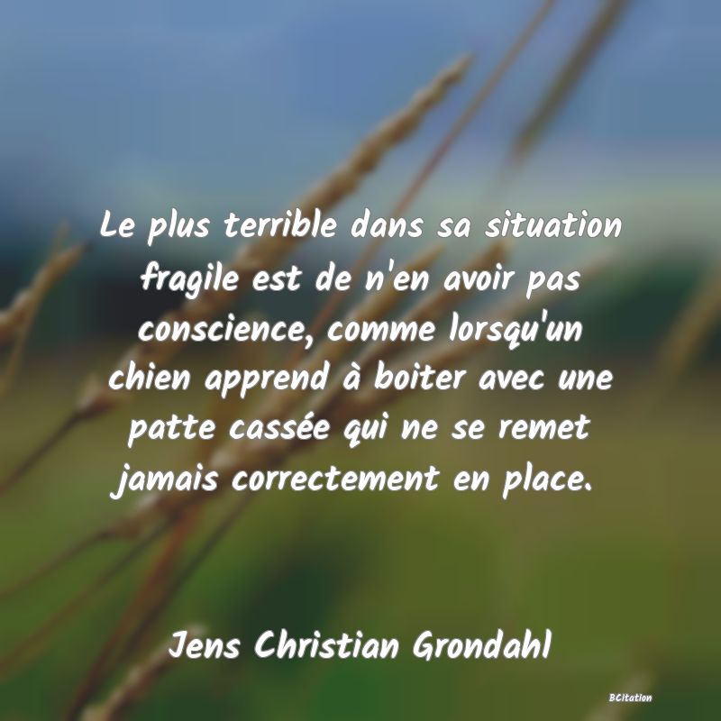 image de citation: Le plus terrible dans sa situation fragile est de n'en avoir pas conscience, comme lorsqu'un chien apprend à boiter avec une patte cassée qui ne se remet jamais correctement en place.