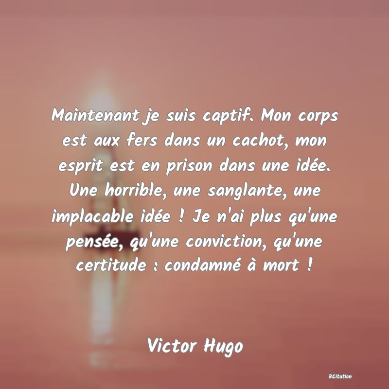 image de citation: Maintenant je suis captif. Mon corps est aux fers dans un cachot, mon esprit est en prison dans une idée. Une horrible, une sanglante, une implacable idée ! Je n'ai plus qu'une pensée, qu'une conviction, qu'une certitude : condamné à mort !