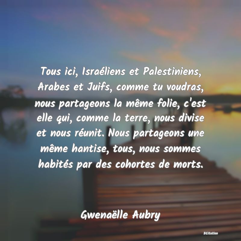 image de citation: Tous ici, Israéliens et Palestiniens, Arabes et Juifs, comme tu voudras, nous partageons la même folie, c'est elle qui, comme la terre, nous divise et nous réunit. Nous partageons une même hantise, tous, nous sommes habités par des cohortes de morts.