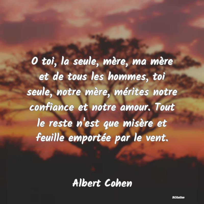 image de citation: O toi, la seule, mère, ma mère et de tous les hommes, toi seule, notre mère, mérites notre confiance et notre amour. Tout le reste n'est que misère et feuille emportée par le vent.
