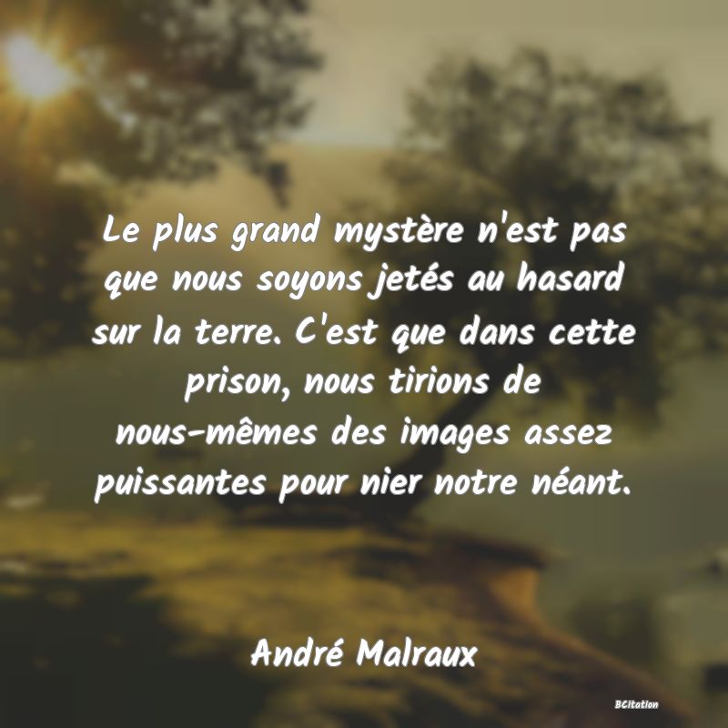 image de citation: Le plus grand mystère n'est pas que nous soyons jetés au hasard sur la terre. C'est que dans cette prison, nous tirions de nous-mêmes des images assez puissantes pour nier notre néant.