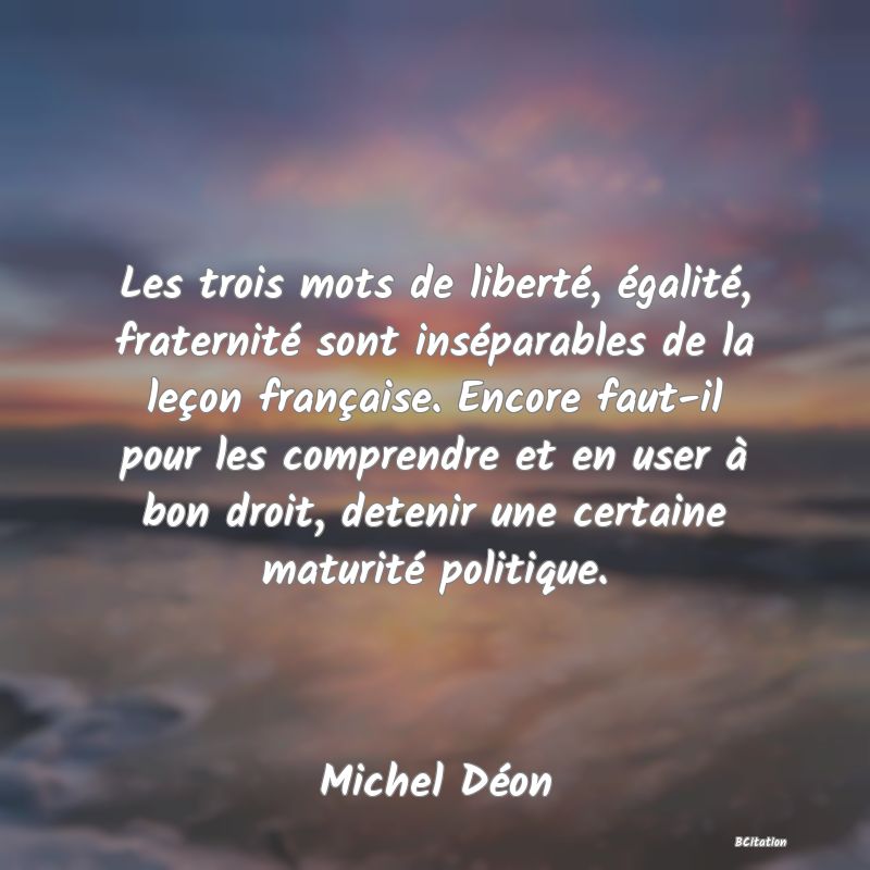 image de citation: Les trois mots de liberté, égalité, fraternité sont inséparables de la leçon française. Encore faut-il pour les comprendre et en user à bon droit, detenir une certaine maturité politique.