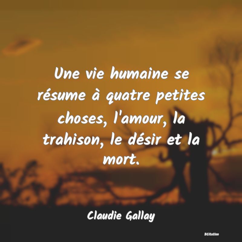 image de citation: Une vie humaine se résume à quatre petites choses, l'amour, la trahison, le désir et la mort.