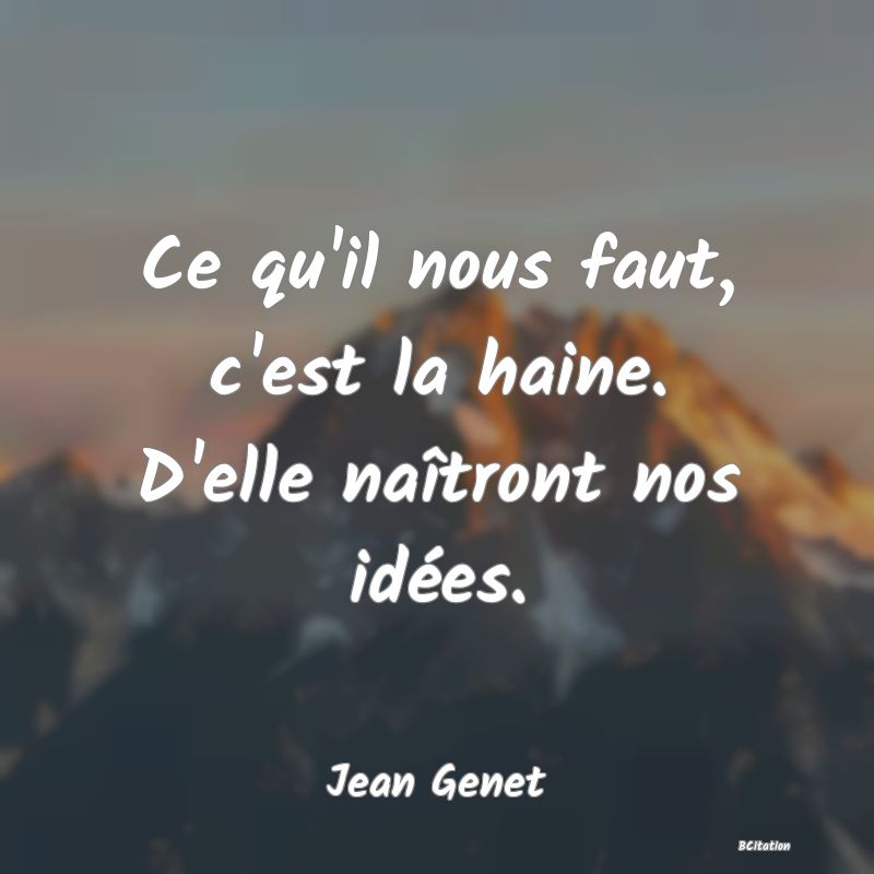 Belle Citation - Ce qu'il nous faut, c'est la haine. D'elle naîtront nos idées. - Jean Genet
