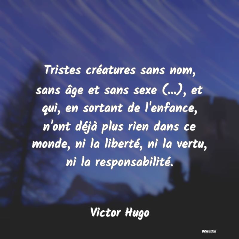 image de citation: Tristes créatures sans nom, sans âge et sans sexe (...), et qui, en sortant de l'enfance, n'ont déjà plus rien dans ce monde, ni la liberté, ni la vertu, ni la responsabilité.