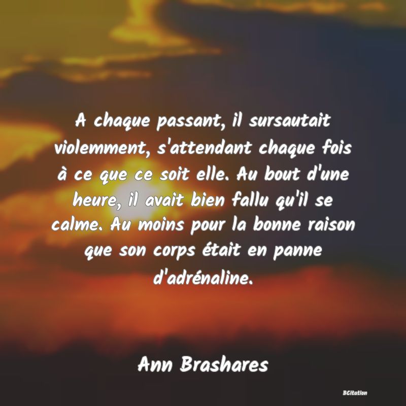 image de citation: A chaque passant, il sursautait violemment, s'attendant chaque fois à ce que ce soit elle. Au bout d'une heure, il avait bien fallu qu'il se calme. Au moins pour la bonne raison que son corps était en panne d'adrénaline.