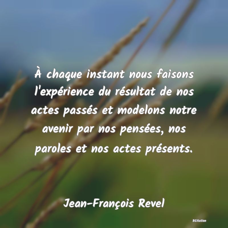 image de citation: À chaque instant nous faisons l'expérience du résultat de nos actes passés et modelons notre avenir par nos pensées, nos paroles et nos actes présents.