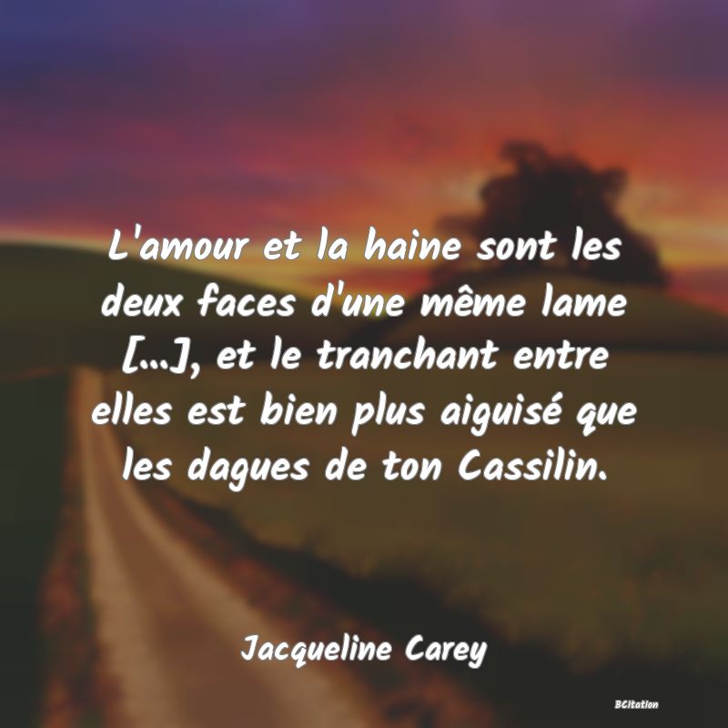 image de citation: L'amour et la haine sont les deux faces d'une même lame [...], et le tranchant entre elles est bien plus aiguisé que les dagues de ton Cassilin.