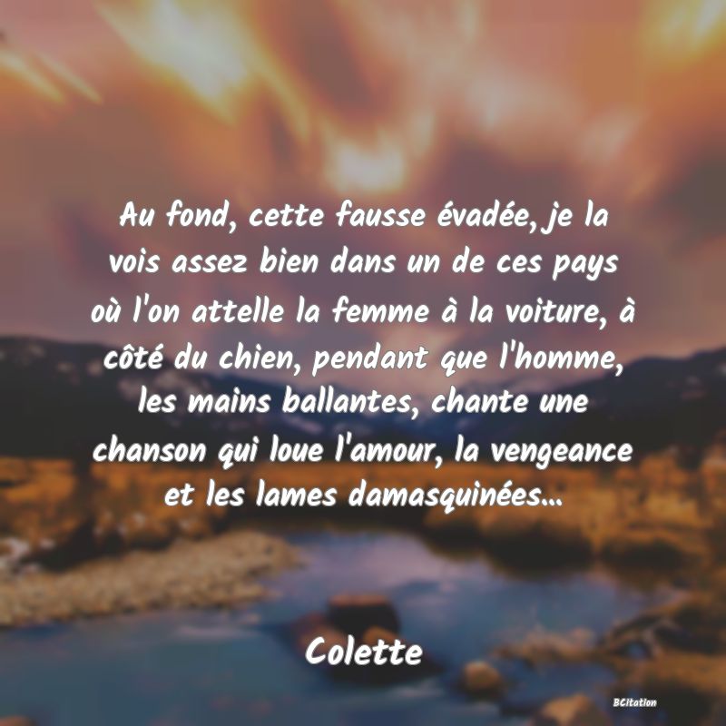 image de citation: Au fond, cette fausse évadée, je la vois assez bien dans un de ces pays où l'on attelle la femme à la voiture, à côté du chien, pendant que l'homme, les mains ballantes, chante une chanson qui loue l'amour, la vengeance et les lames damasquinées...