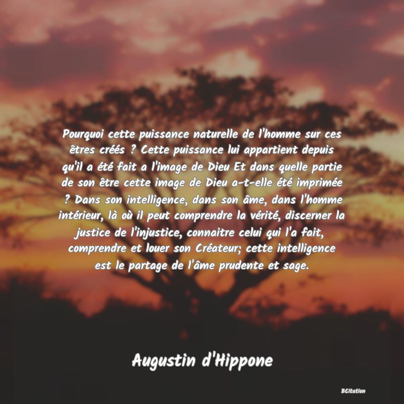 Belle Citation - Pourquoi cette puissance naturelle de l'homme sur ces êtres créés ? Cette puissance lui appartient depuis qu'il a été fait a l'image de Dieu Et dans quelle partie de son être cette image de Dieu a-t-elle été imprimée ? Dans son intelligence, dans son âme, dans l'homme intérieur, là où il peut comprendre la vérité, discerner la justice de l'injustice, connaitre celui qui l'a fait, comprendre et louer son Créateur; cette intelligence est le partage de l'âme prudente et sage. - Augustin d'Hippone