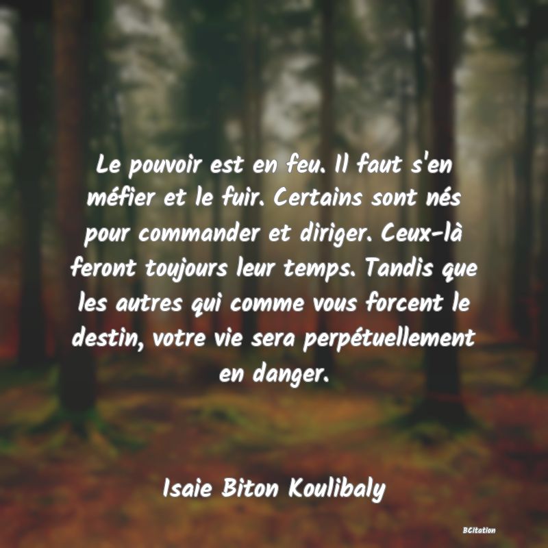 image de citation: Le pouvoir est en feu. Il faut s'en méfier et le fuir. Certains sont nés pour commander et diriger. Ceux-là feront toujours leur temps. Tandis que les autres qui comme vous forcent le destin, votre vie sera perpétuellement en danger.