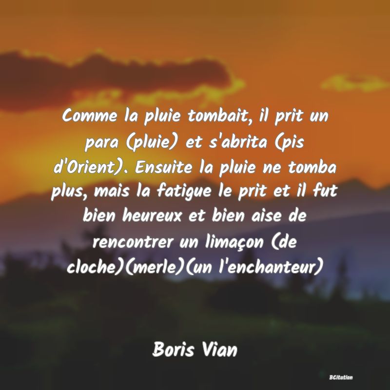 image de citation: Comme la pluie tombait, il prit un para (pluie) et s'abrita (pis d'Orient). Ensuite la pluie ne tomba plus, mais la fatigue le prit et il fut bien heureux et bien aise de rencontrer un limaçon (de cloche)(merle)(un l'enchanteur)