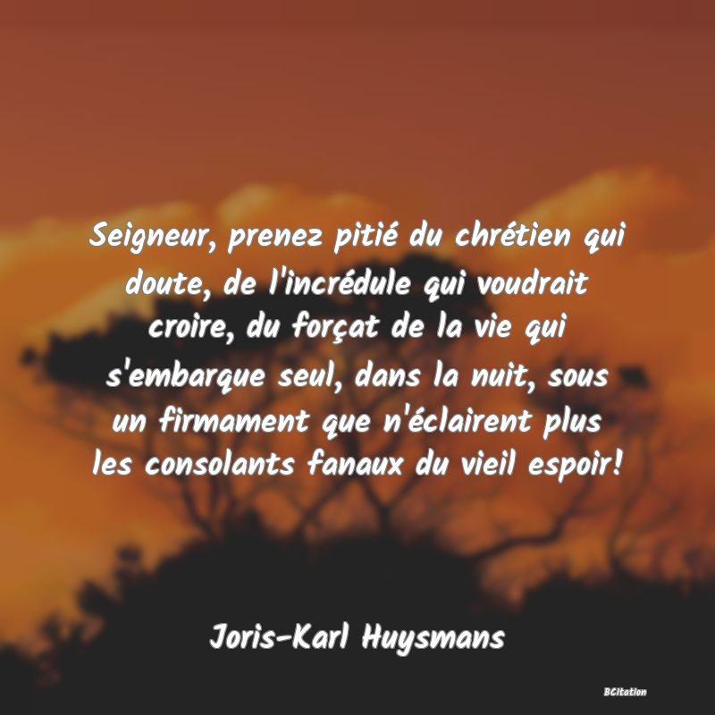 image de citation: Seigneur, prenez pitié du chrétien qui doute, de l'incrédule qui voudrait croire, du forçat de la vie qui s'embarque seul, dans la nuit, sous un firmament que n'éclairent plus les consolants fanaux du vieil espoir!