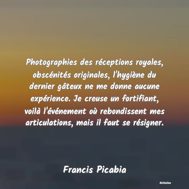 image de citation: Photographies des réceptions royales, obscénités originales, l'hygiène du dernier gâteux ne me donne aucune expérience. Je creuse un fortifiant, voilà l'événement où rebondissent mes articulations, mais il faut se résigner.