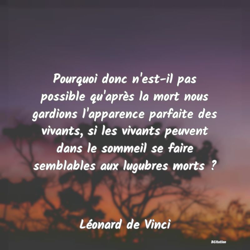 Belle Citation - Pourquoi donc n'est-il pas possible qu'après la mort nous gardions l'apparence parfaite des vivants, si les vivants peuvent dans le sommeil se faire semblables aux lugubres morts ? - Léonard de Vinci