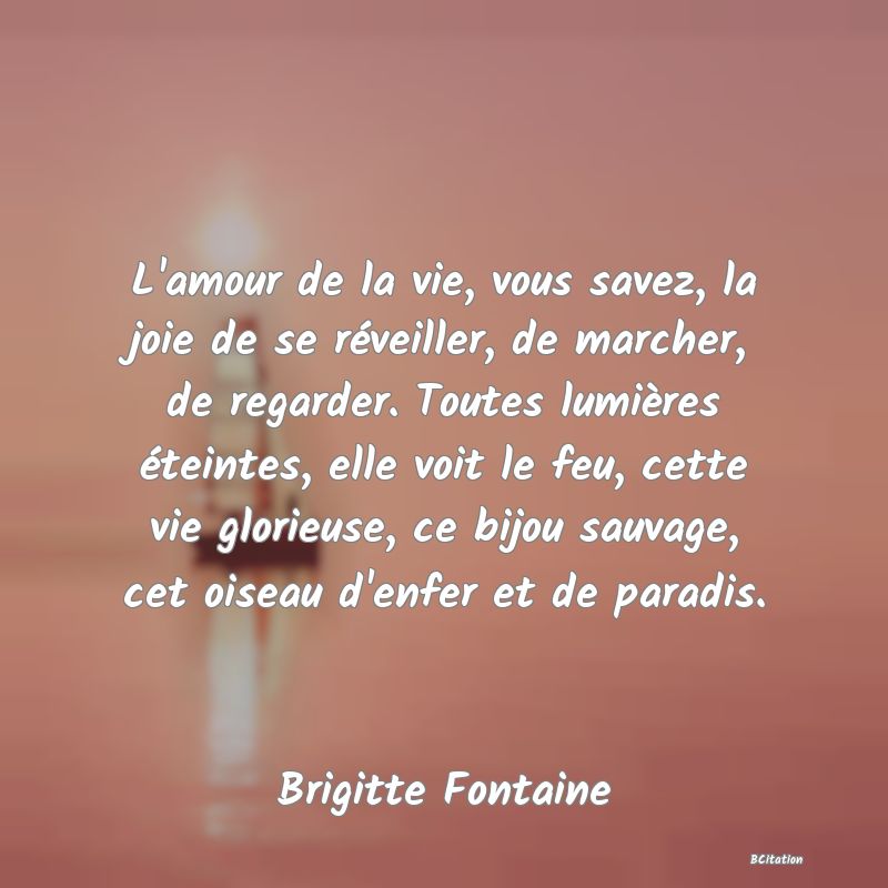 Belle Citation - L'amour de la vie, vous savez, la joie de se réveiller, de marcher, de regarder. Toutes lumières éteintes, elle voit le feu, cette vie glorieuse, ce bijou sauvage, cet oiseau d'enfer et de paradis. - Brigitte Fontaine