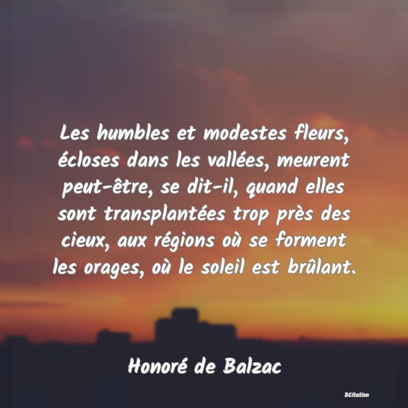 image de citation: Les humbles et modestes fleurs, écloses dans les vallées, meurent peut-être, se dit-il, quand elles sont transplantées trop près des cieux, aux régions où se forment les orages, où le soleil est brûlant.