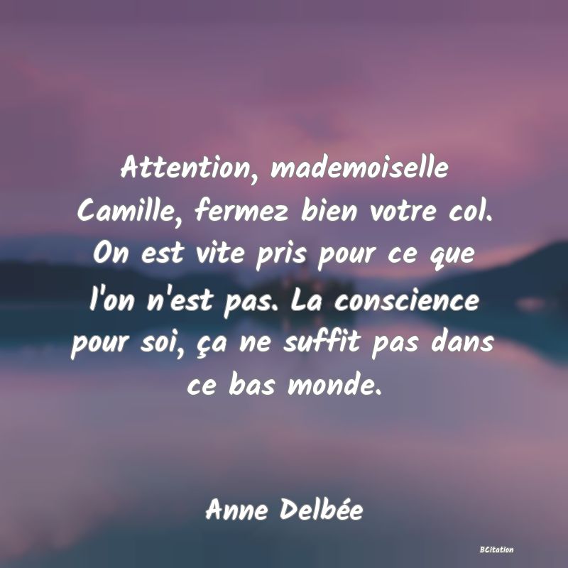 image de citation: Attention, mademoiselle Camille, fermez bien votre col. On est vite pris pour ce que l'on n'est pas. La conscience pour soi, ça ne suffit pas dans ce bas monde.