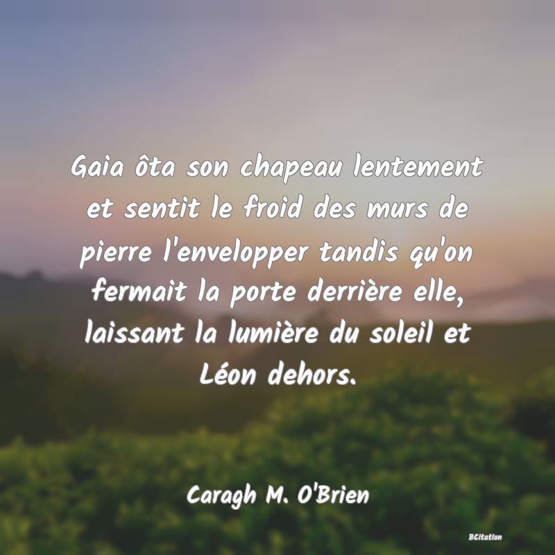 image de citation: Gaia ôta son chapeau lentement et sentit le froid des murs de pierre l'envelopper tandis qu'on fermait la porte derrière elle, laissant la lumière du soleil et Léon dehors.
