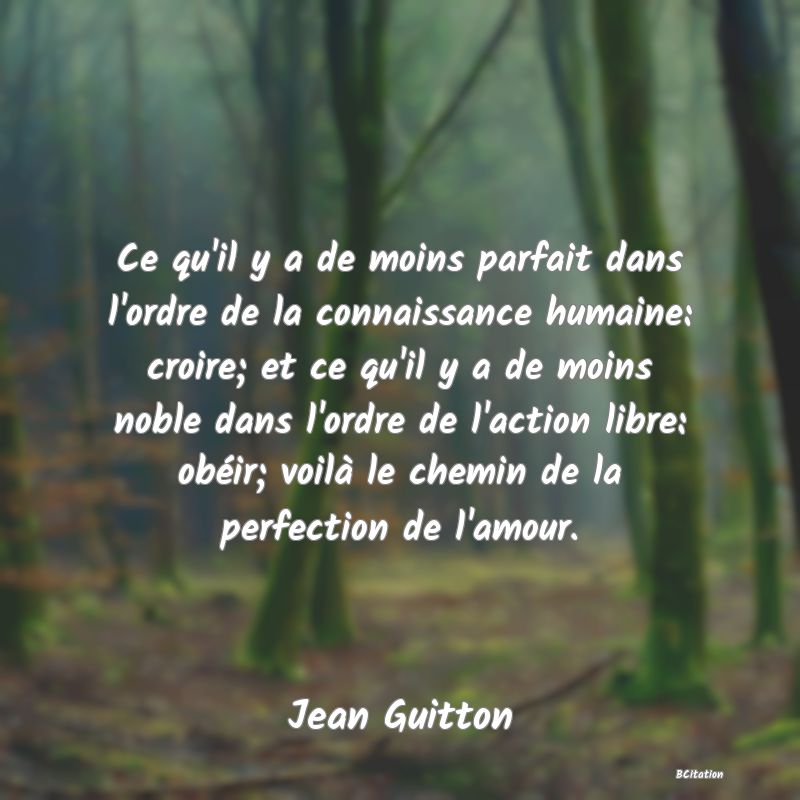 image de citation: Ce qu'il y a de moins parfait dans l'ordre de la connaissance humaine: croire; et ce qu'il y a de moins noble dans l'ordre de l'action libre: obéir; voilà le chemin de la perfection de l'amour.