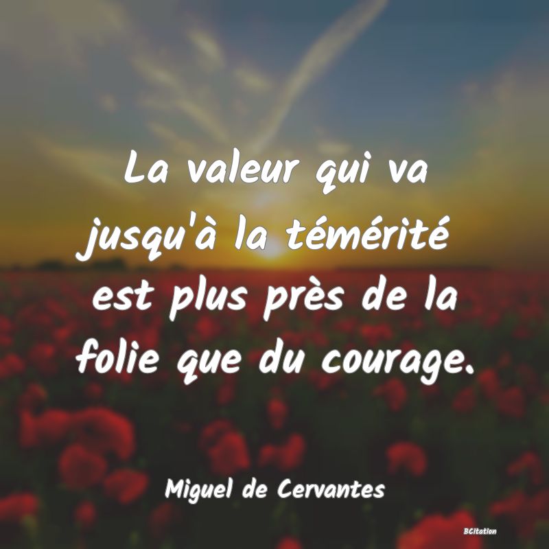 Belle Citation - La valeur qui va jusqu'à la témérité est plus près de la folie que du courage. - Miguel de Cervantes